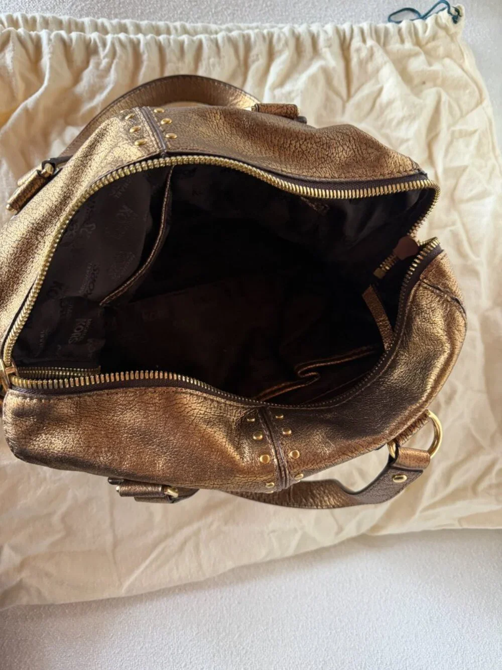 Michael Kors Metallic Bronze Leather Studded Satchel Shoulder Bag